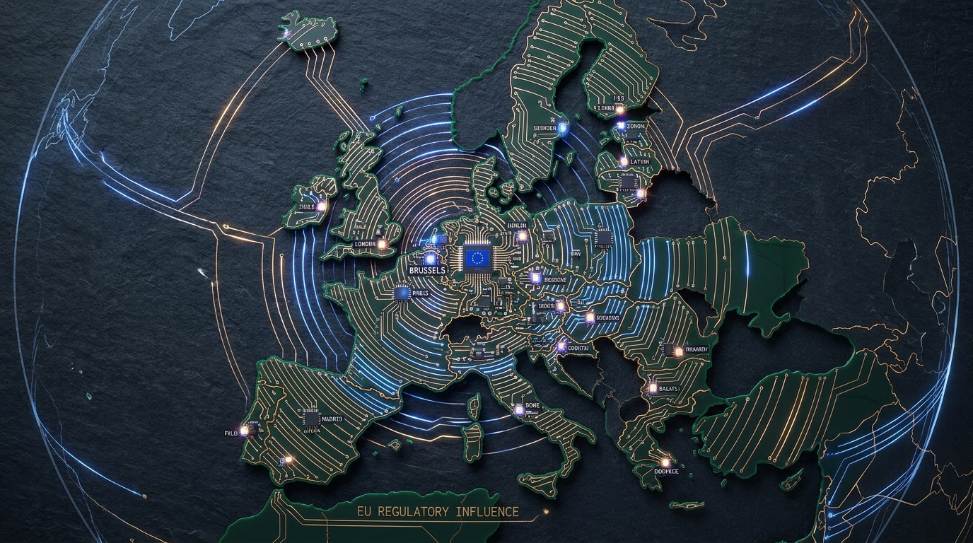 A map of Europe rendered as a circuit board with traces radiating from Brussels, visualising the Brussels Effect of EU regulation spreading across borders.