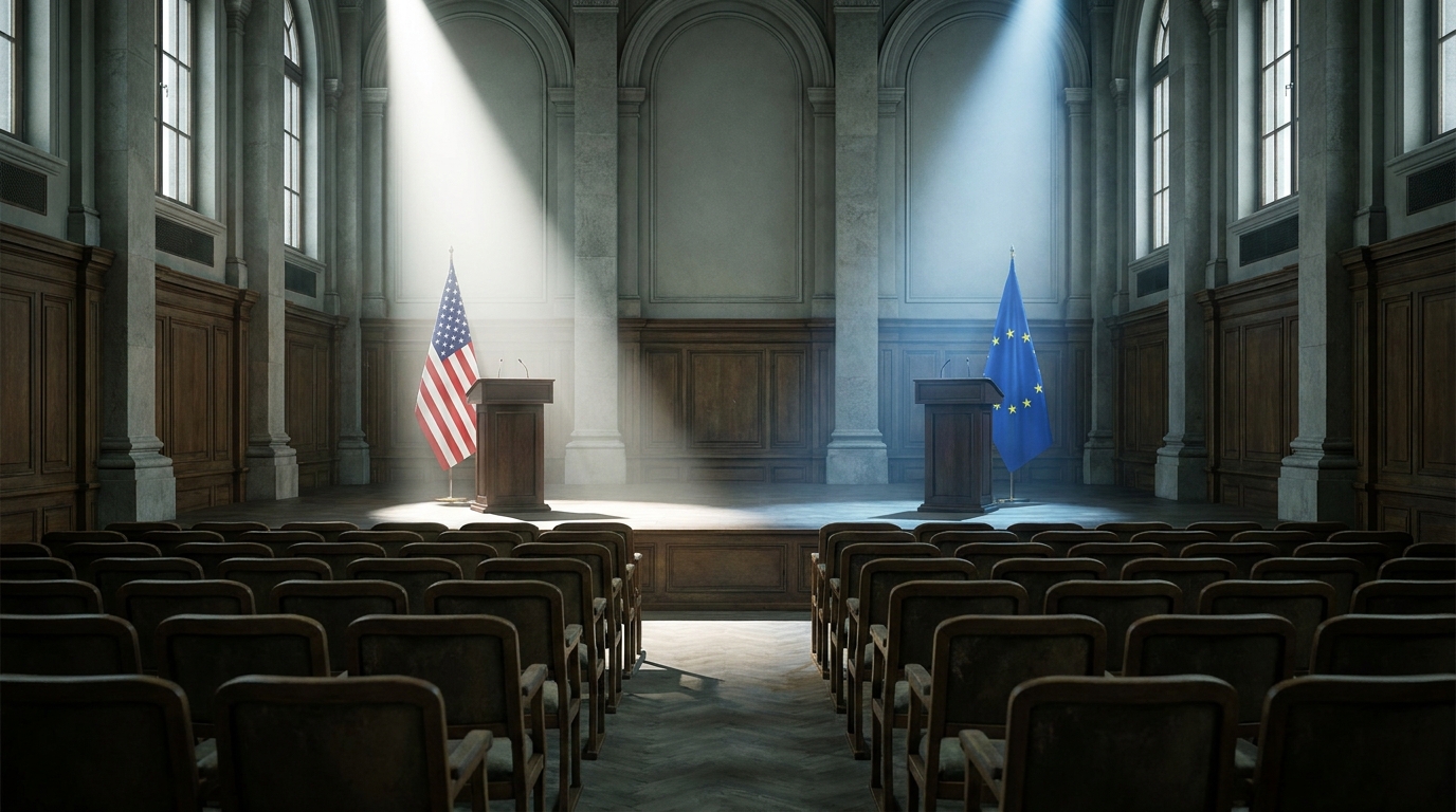 Two podiums with American and EU flags facing each other across an empty conference hall, representing the geopolitical confrontation over AI regulation.