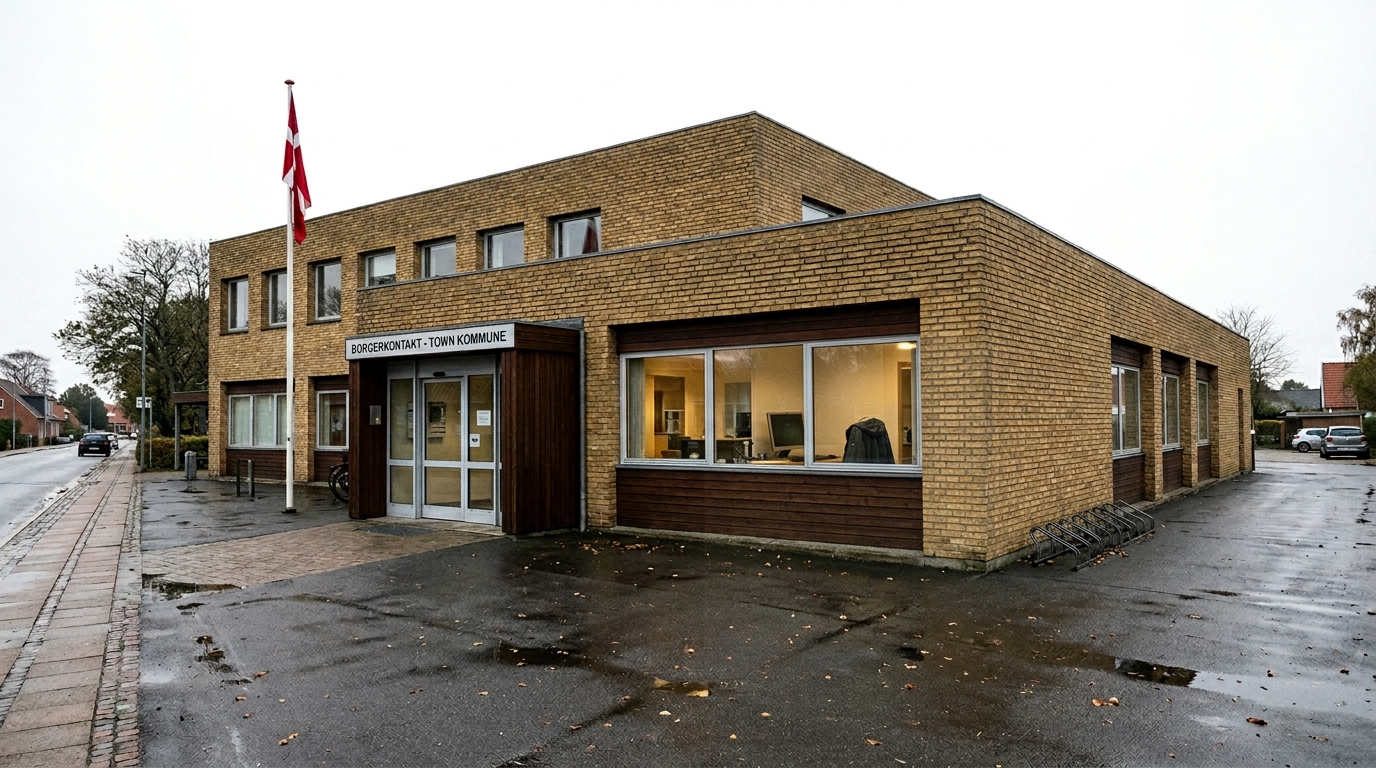 A Danish municipality building flying the national flag. Denmark maps which municipal email systems run under American corporate control, as the ICC case shows what happens when trust runs out.