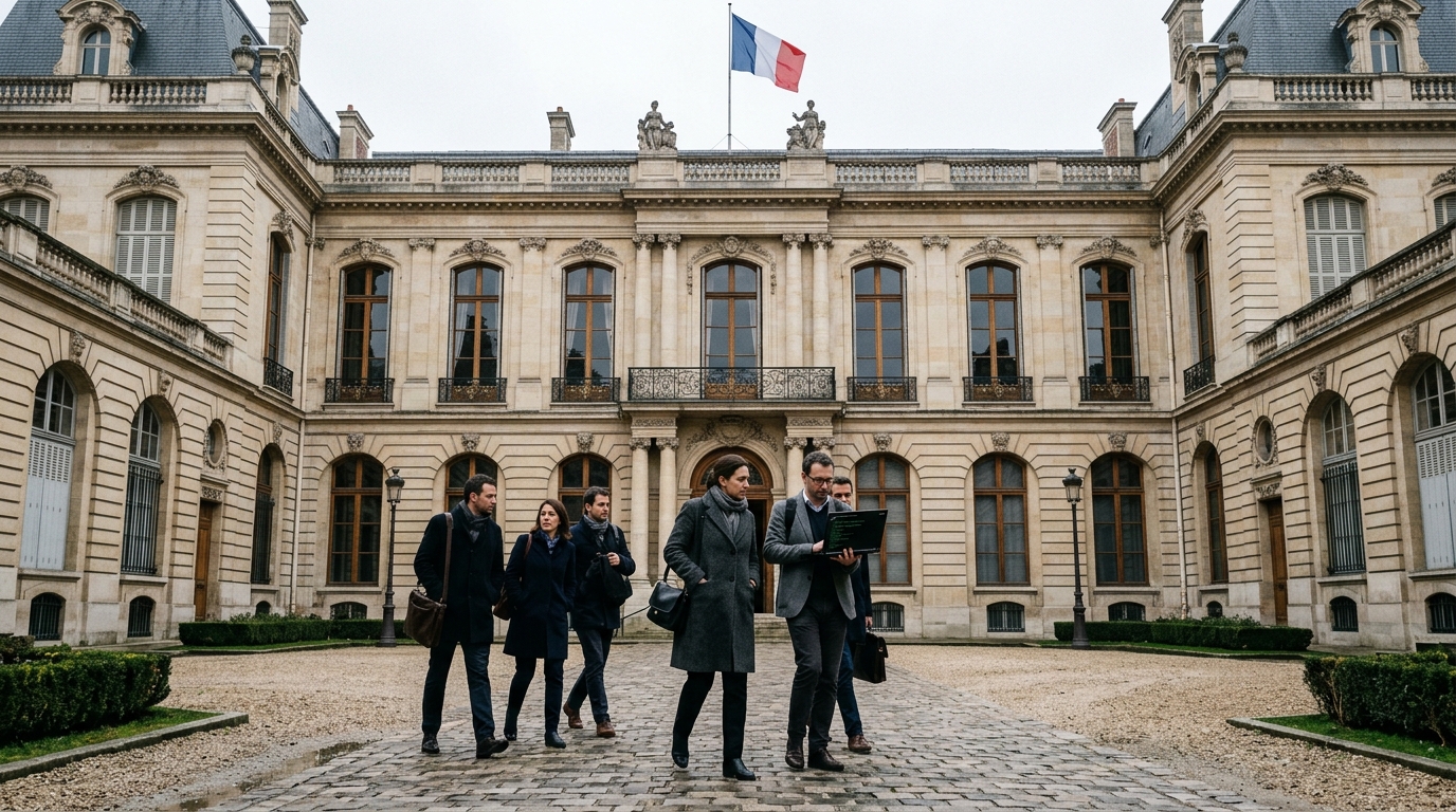 Civil servants entering a French public administration building. DINUM begins its migration from Windows to NixOS-based Sécurix, with 234 agents in the first wave.