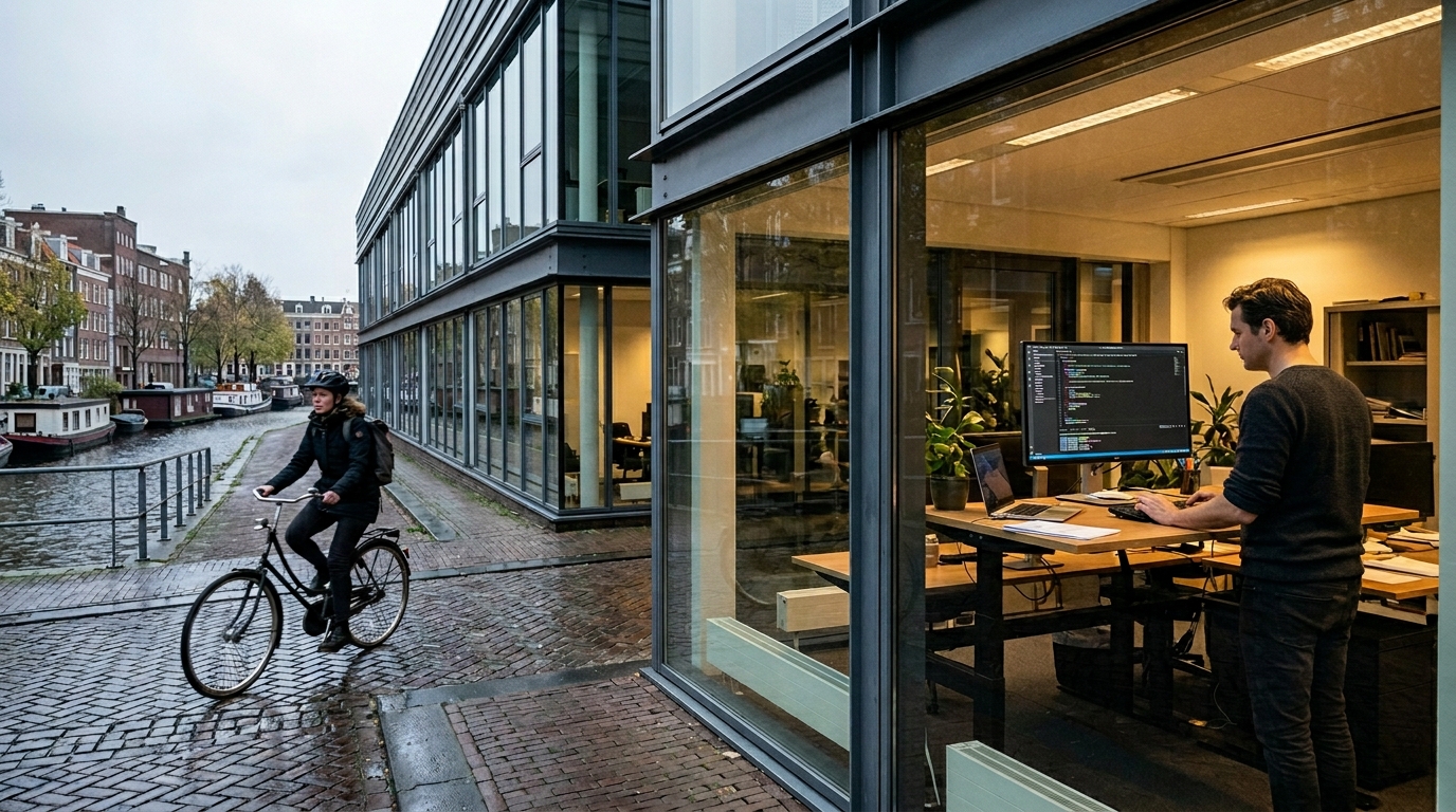A developer working at a standing desk in an Amsterdam canal-side office. The Netherlands launches code.overheid.nl on Forgejo, making government code open by default under the Open, tenzij principle.